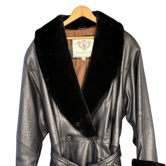 Vintage Laura Winston Size 16 Black Leather Trench Coat Faux Fur Trim EUC 90's - Picture 2 of 16
